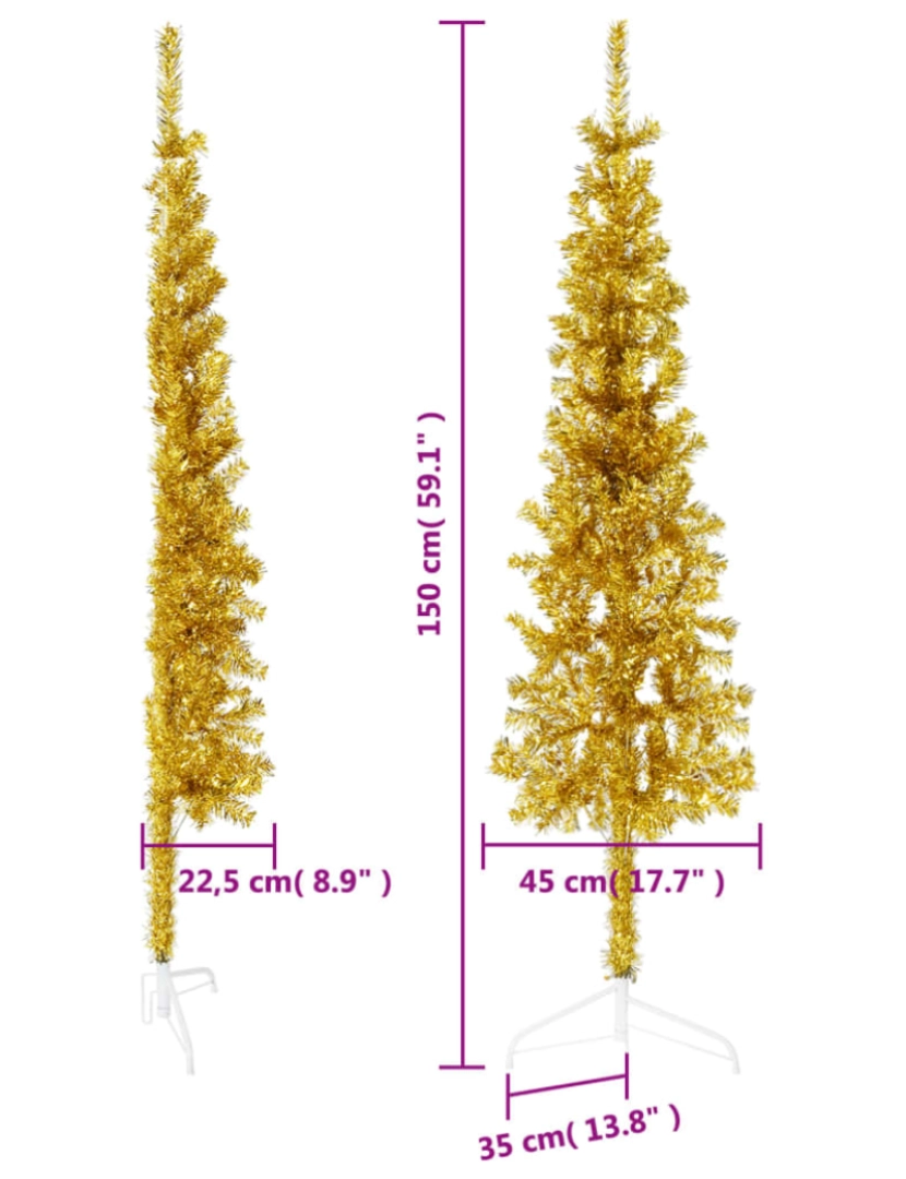 imagem de vidaXL Meia árvore de Natal fina com suporte 150 cm dourado9