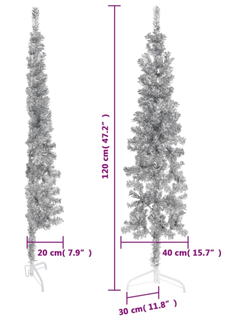 imagem de vidaXL Meia árvore de Natal fina com suporte 120 cm prateado10