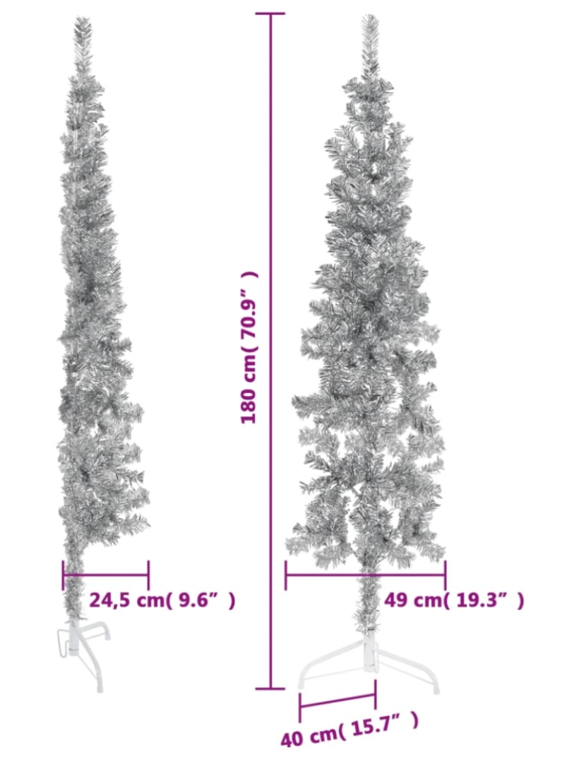 imagem de vidaXL Meia árvore de Natal fina com suporte 180 cm prateado10