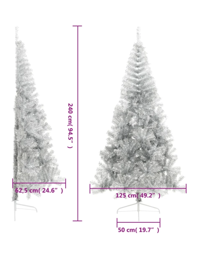 imagem de vidaXL Meia árvore de Natal artificial com suporte 240 cm PET prateado9