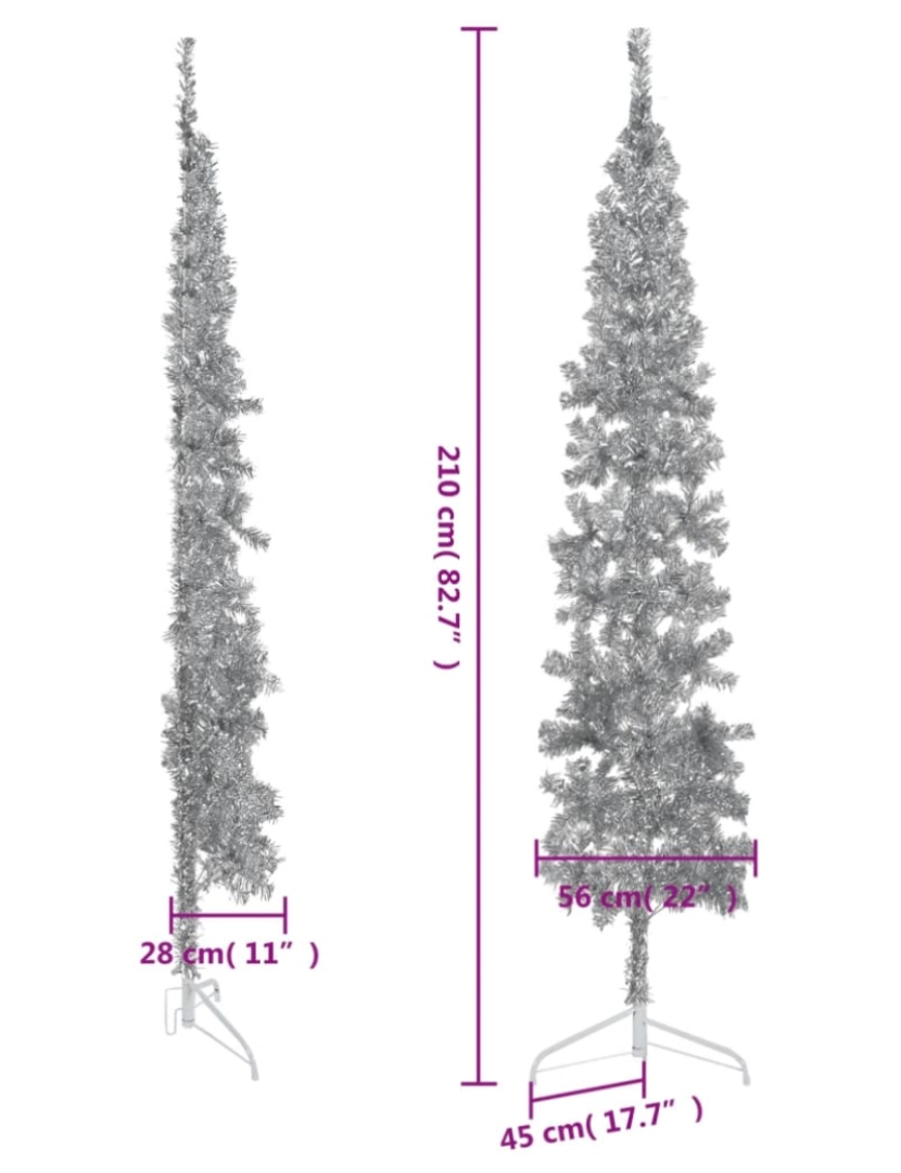 imagem de vidaXL Meia árvore de Natal fina com suporte 210 cm prateado9