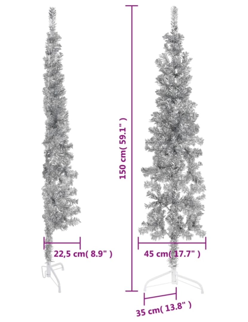 imagem de vidaXL Meia árvore de Natal fina com suporte 150 cm prateado9