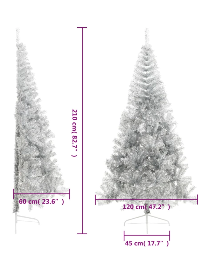 imagem de vidaXL Meia árvore de Natal artificial com suporte 210 cm PET prateado9