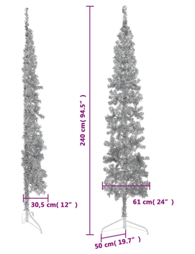 imagem de vidaXL Meia árvore de Natal fina com suporte 240 cm prateado10