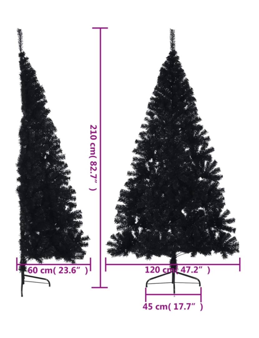 imagem de vidaXL Meia árvore de Natal artificial com suporte 210 cm PVC preto10