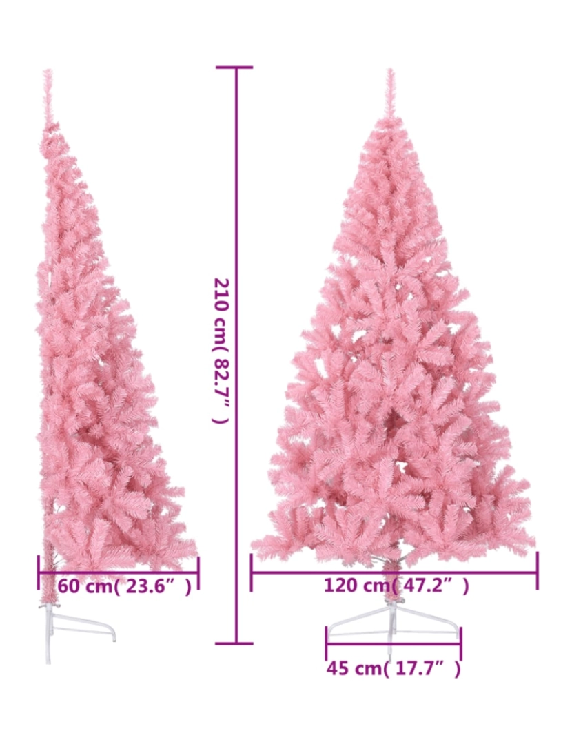 imagem de vidaXL Meia árvore de Natal artificial com suporte 210 cm PVC rosa10