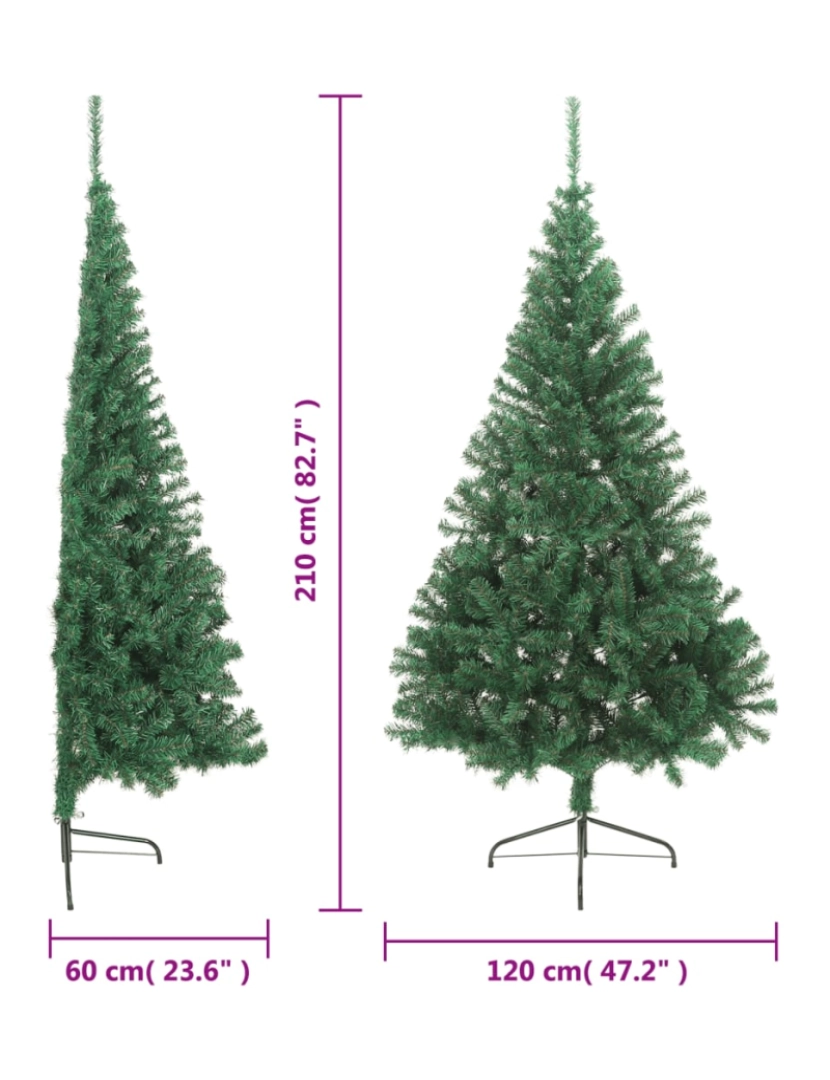 imagem de vidaXL Meia árvore de Natal artificial com suporte 210 cm PVC verde9