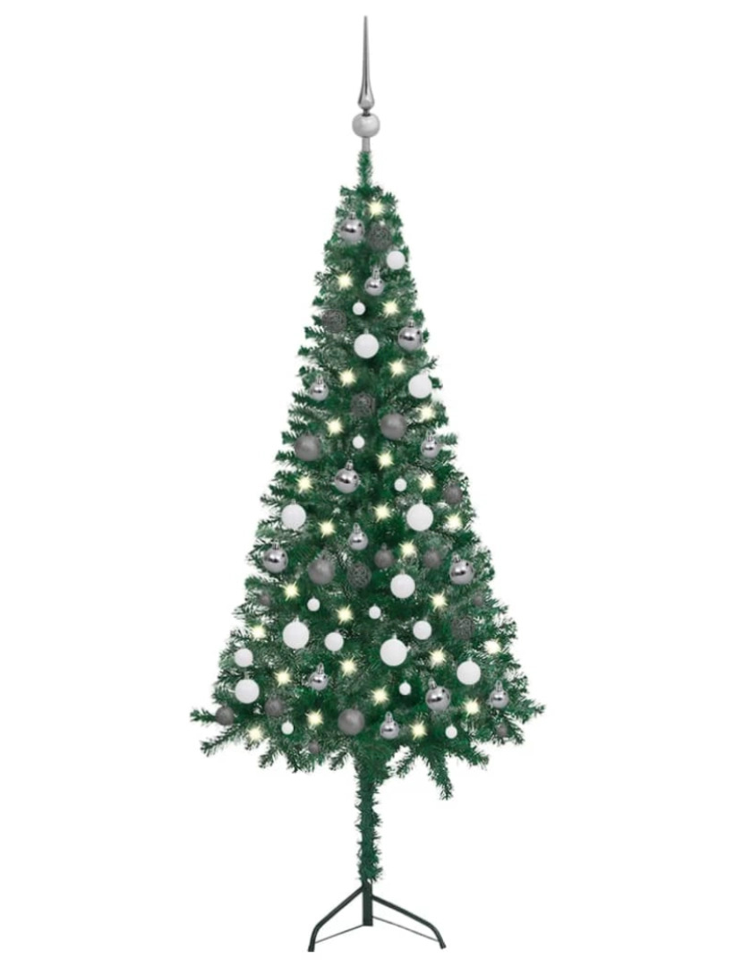 imagem de vidaXL Árvore Natal artif. canto c/ luzes LED/bolas 150 cm PVC verde1