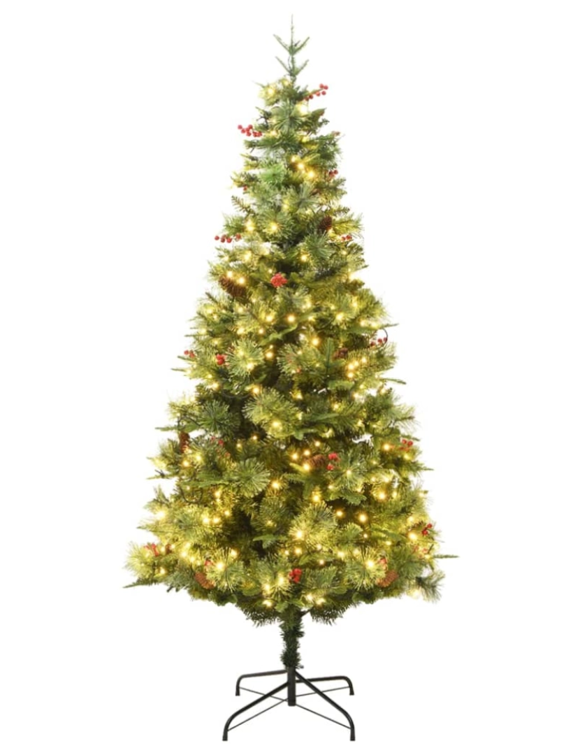 imagem de vidaXL Árvore de Natal com pinhas pré-iluminada 225 cm PVC e PE verde3