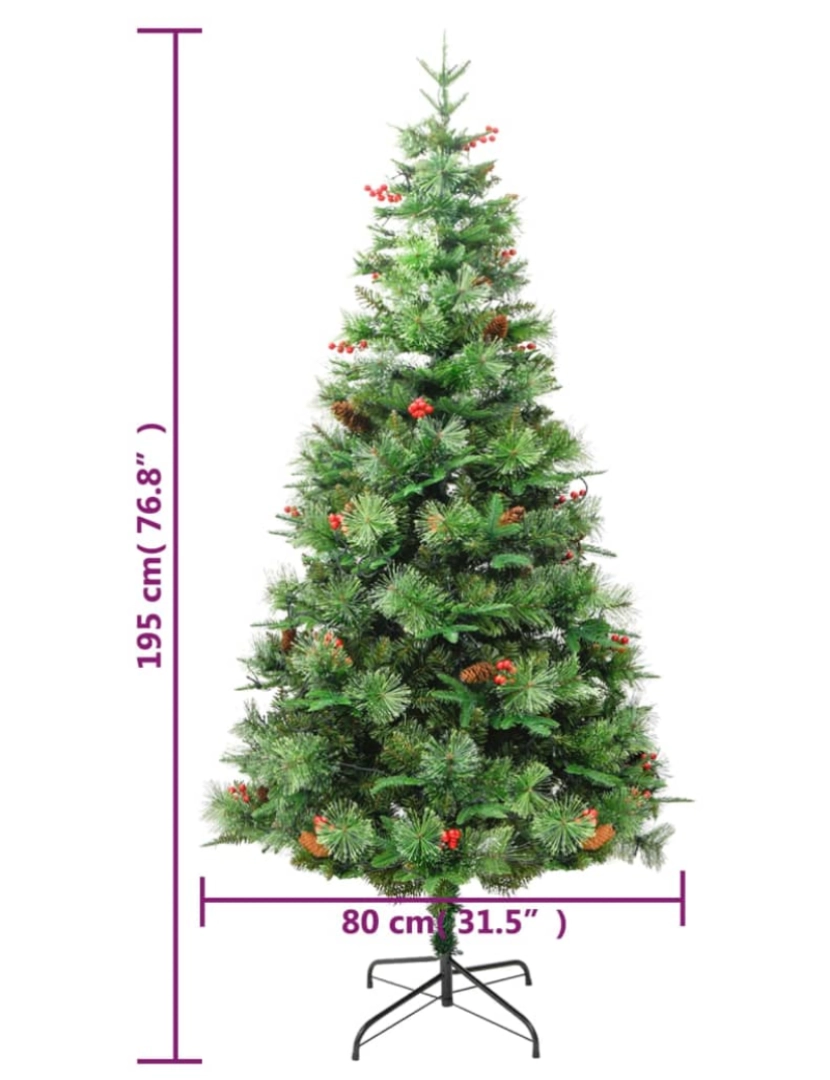 imagem de vidaXL Árvore de Natal com pinhas pré-iluminada 195 cm PVC e PE verde11