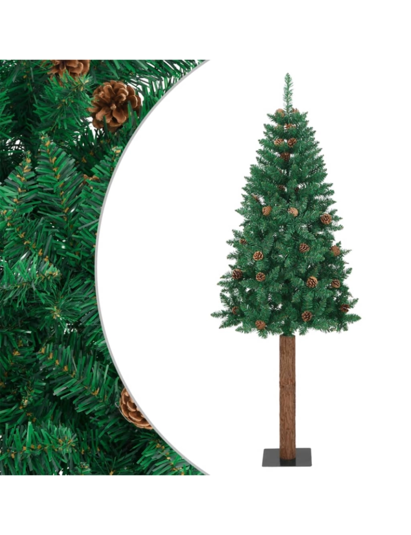 imagem de vidaXL Árvore de Natal fina madeira e pinhas genuínas 150 cm PVC verde1