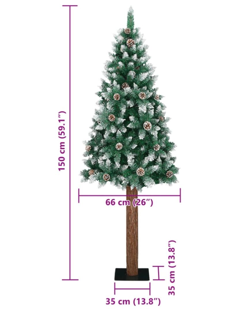 imagem de vidaXL Árvore de Natal fina madeira genuína e neve branca 150 cm verde9