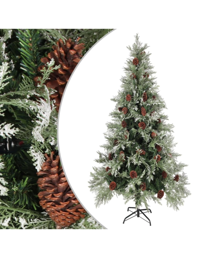 imagem de vidaXL Árvore de Natal com pinhas 225 cm PVC e PE verde e branco1