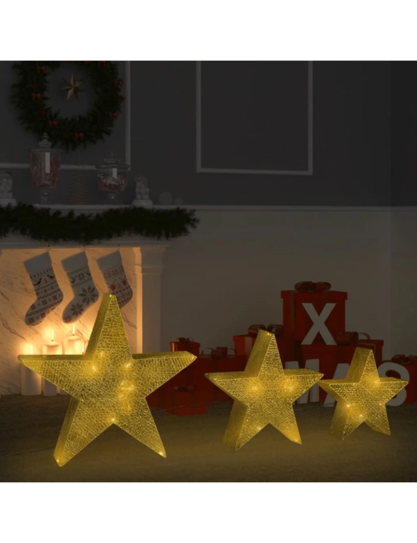 imagem de vidaXL Estrelas de Natal com luzes LED 3 pcs ext./int. arame dourado1