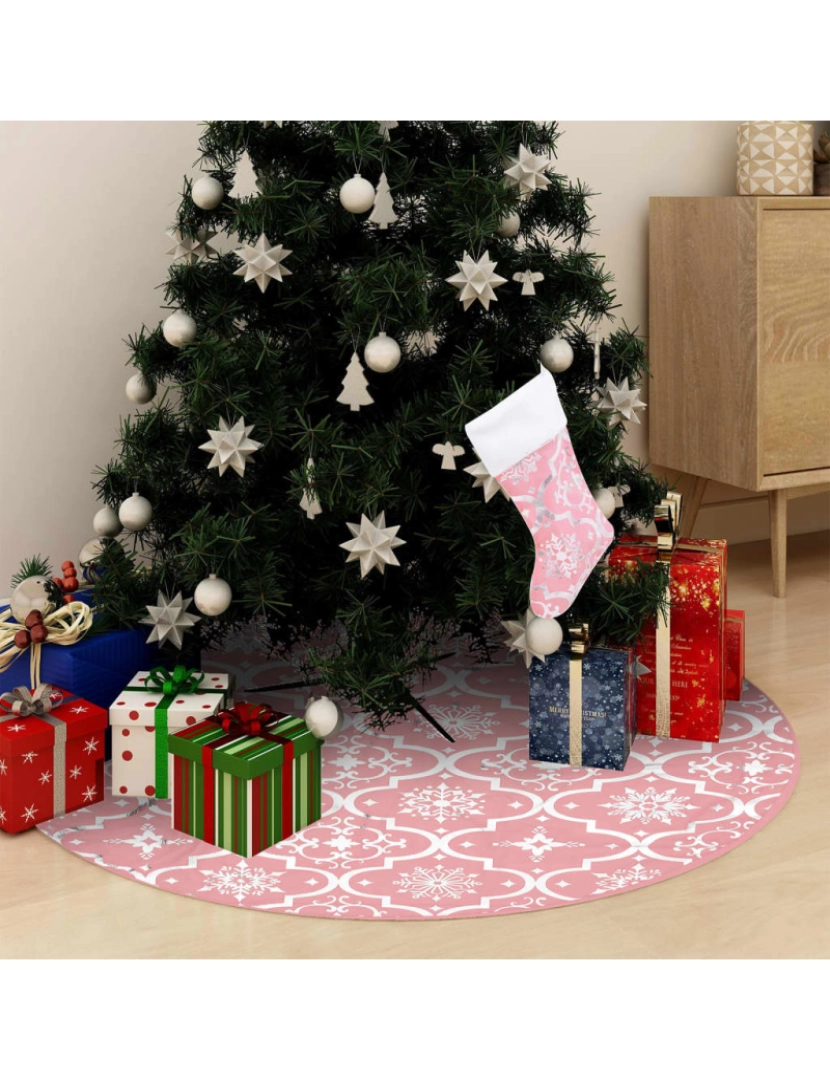 imagem de vidaXL Saia para árvore de Natal luxuosa 150 cm com meia tecido rosa2