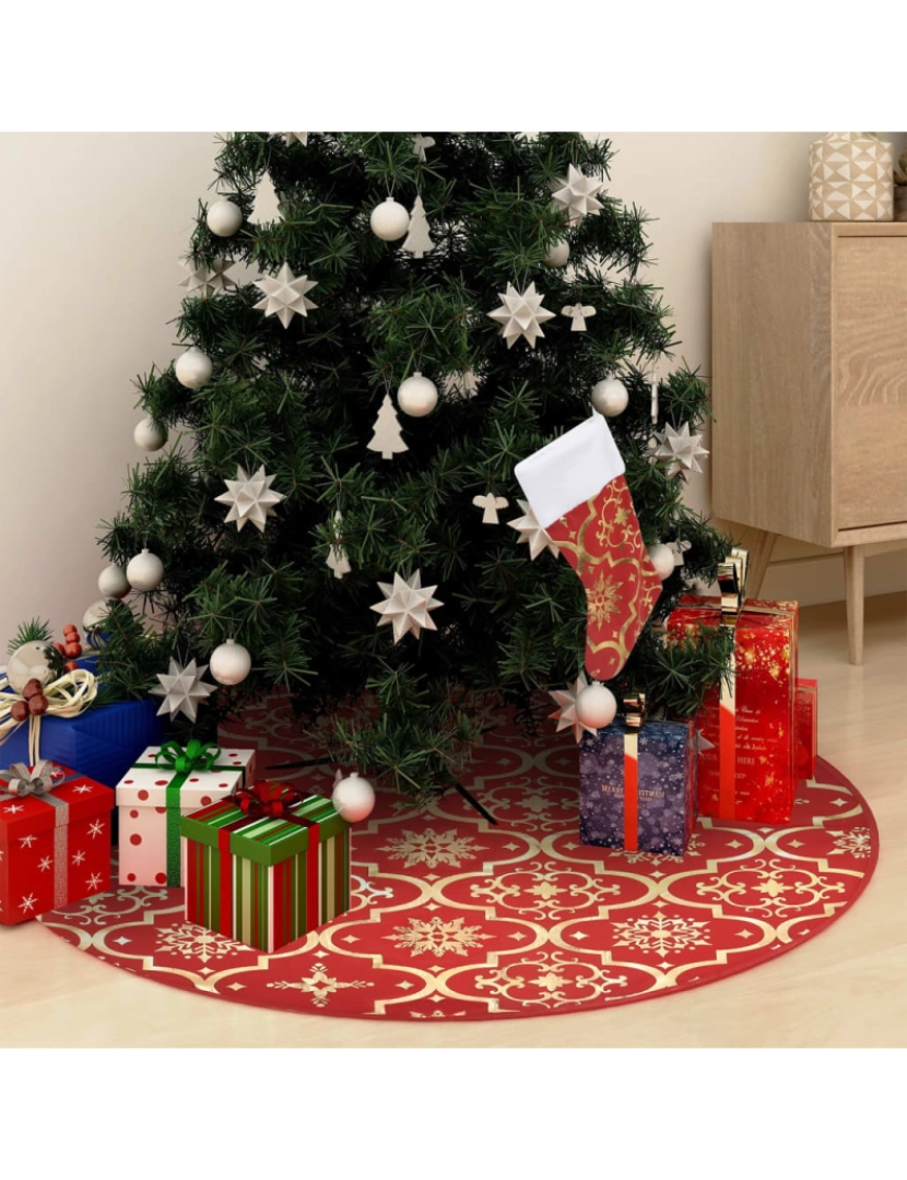 imagem de vidaXL Saia de árvore de Natal luxuosa 122 cm com meia tecido vermelho2