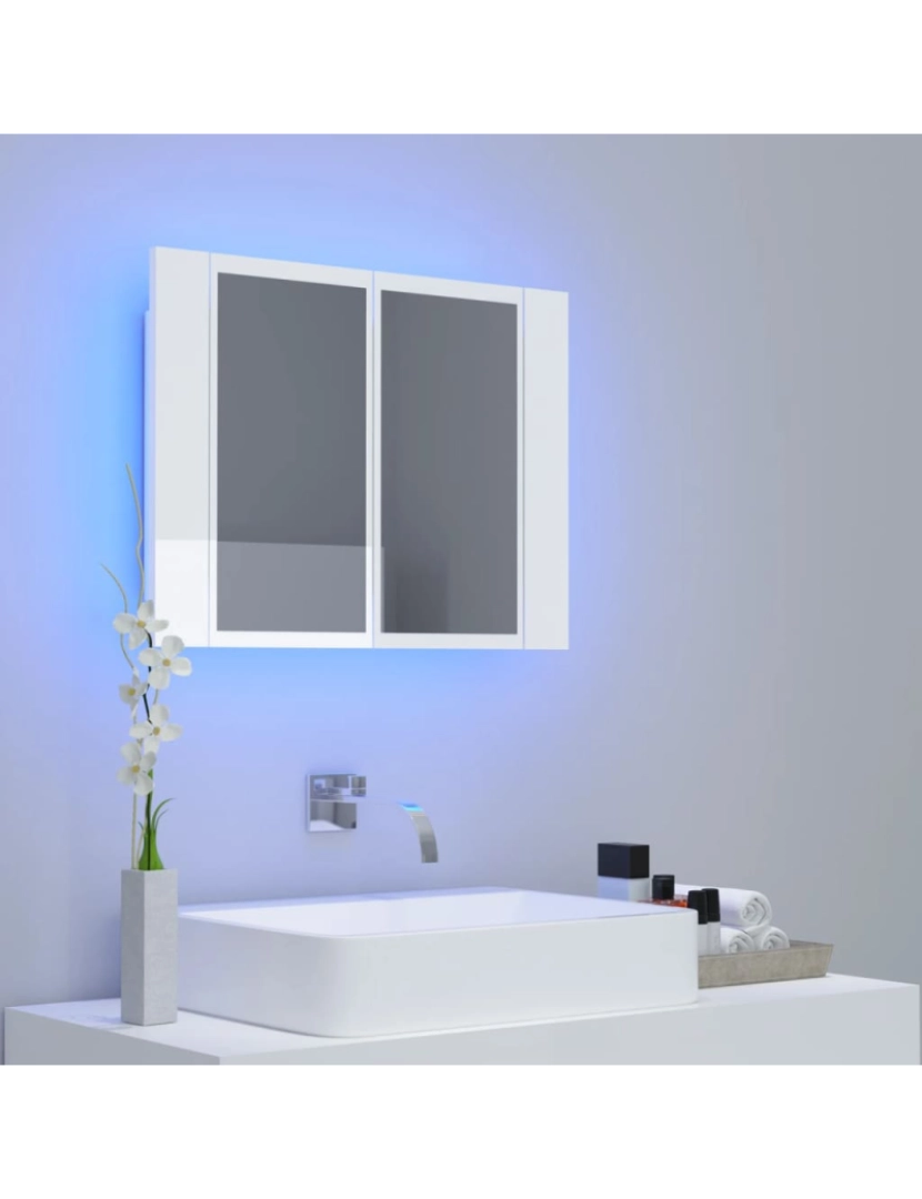 imagem de vidaXL Armário espelhado casa de banho LED acrílico branco brilhante4