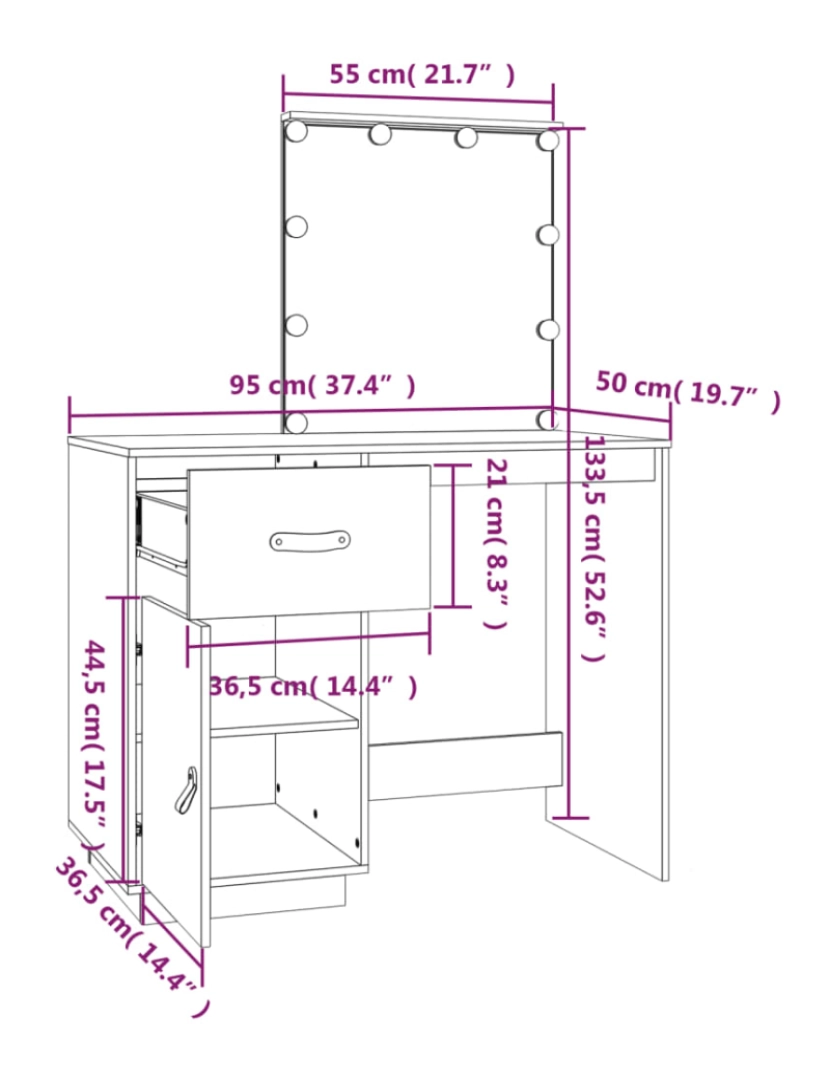 imagem de vidaXL Toucador com LEDs 95x50x133,5 cm pinho maciço cinza11