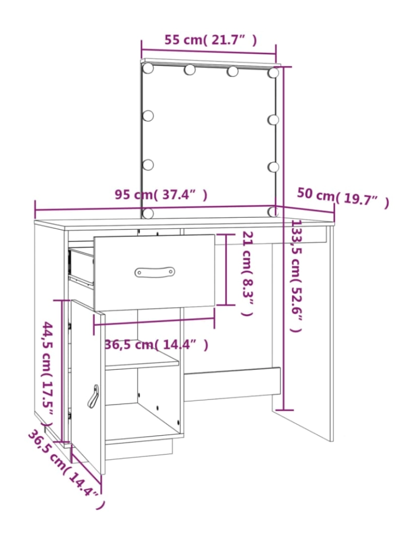 imagem de vidaXL Toucador c/ luzes LED 95x50x133,5 cm pinho maciço castanho mel11