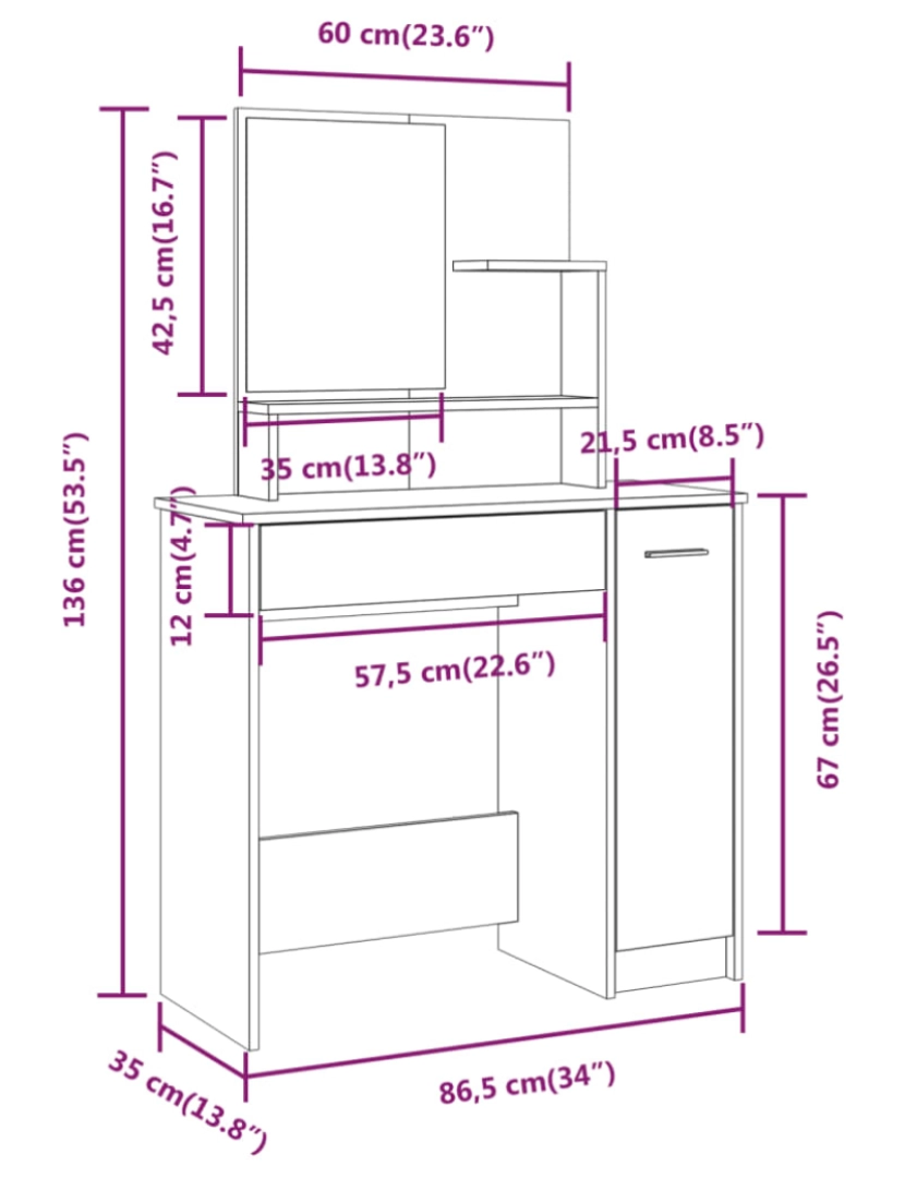 imagem de vidaXL Toucador com espelho 86,5x35x136 cm branco brilhante10