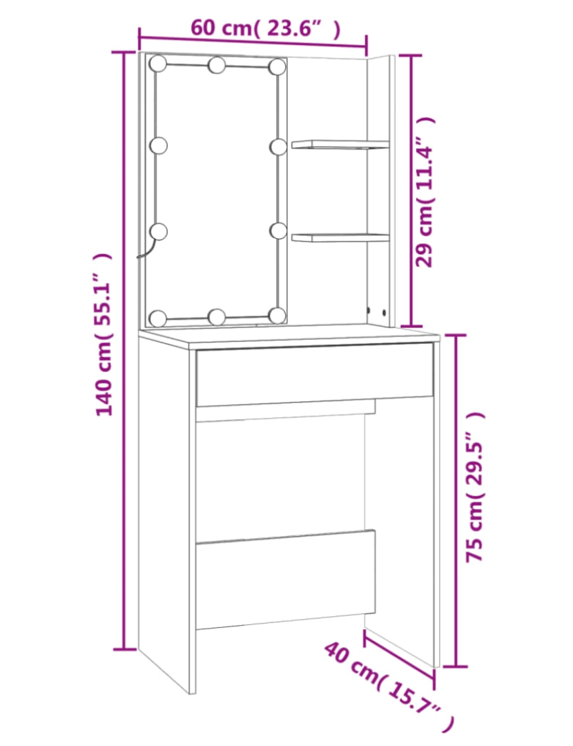 imagem de vidaXL Conjunto toucador com LED madeira processada branco brilhante11