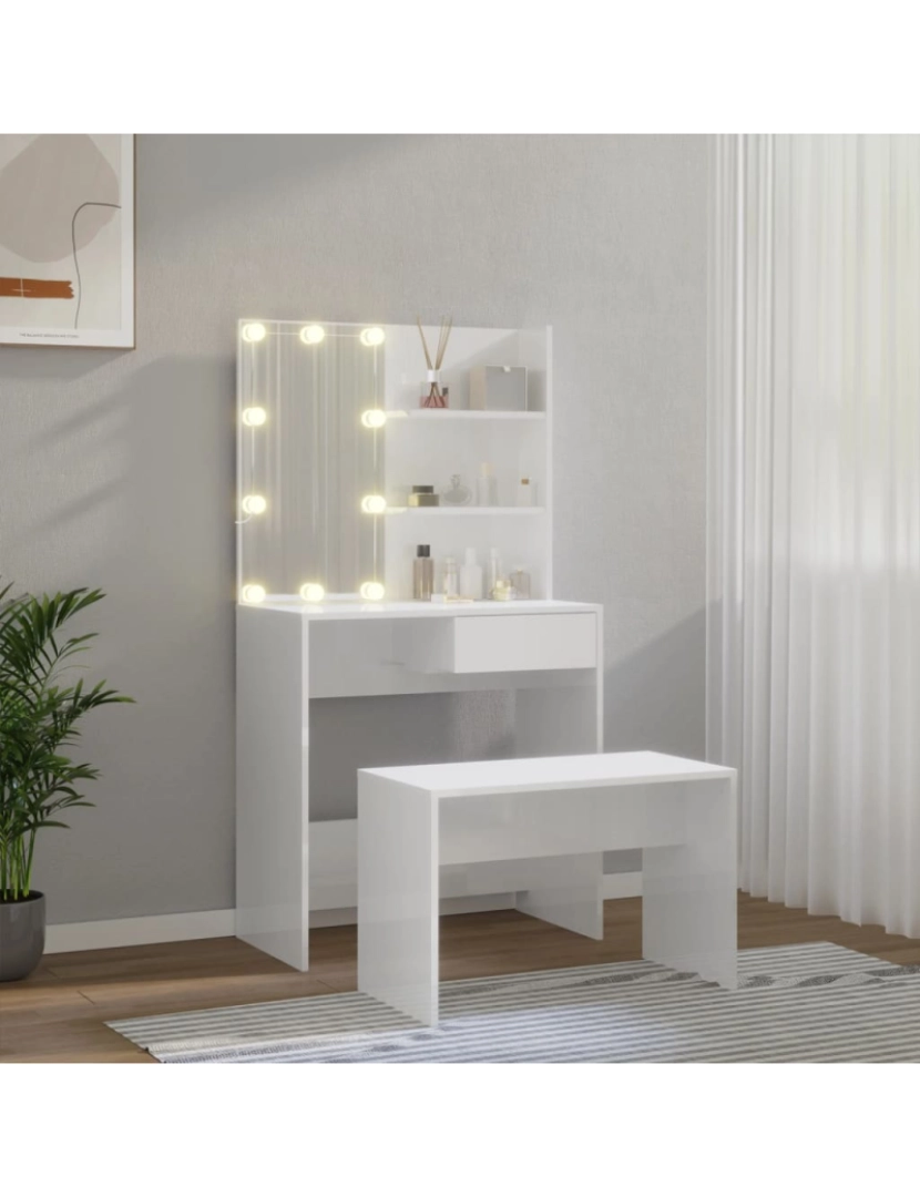 imagem de vidaXL Conjunto toucador com LED madeira processada branco brilhante4