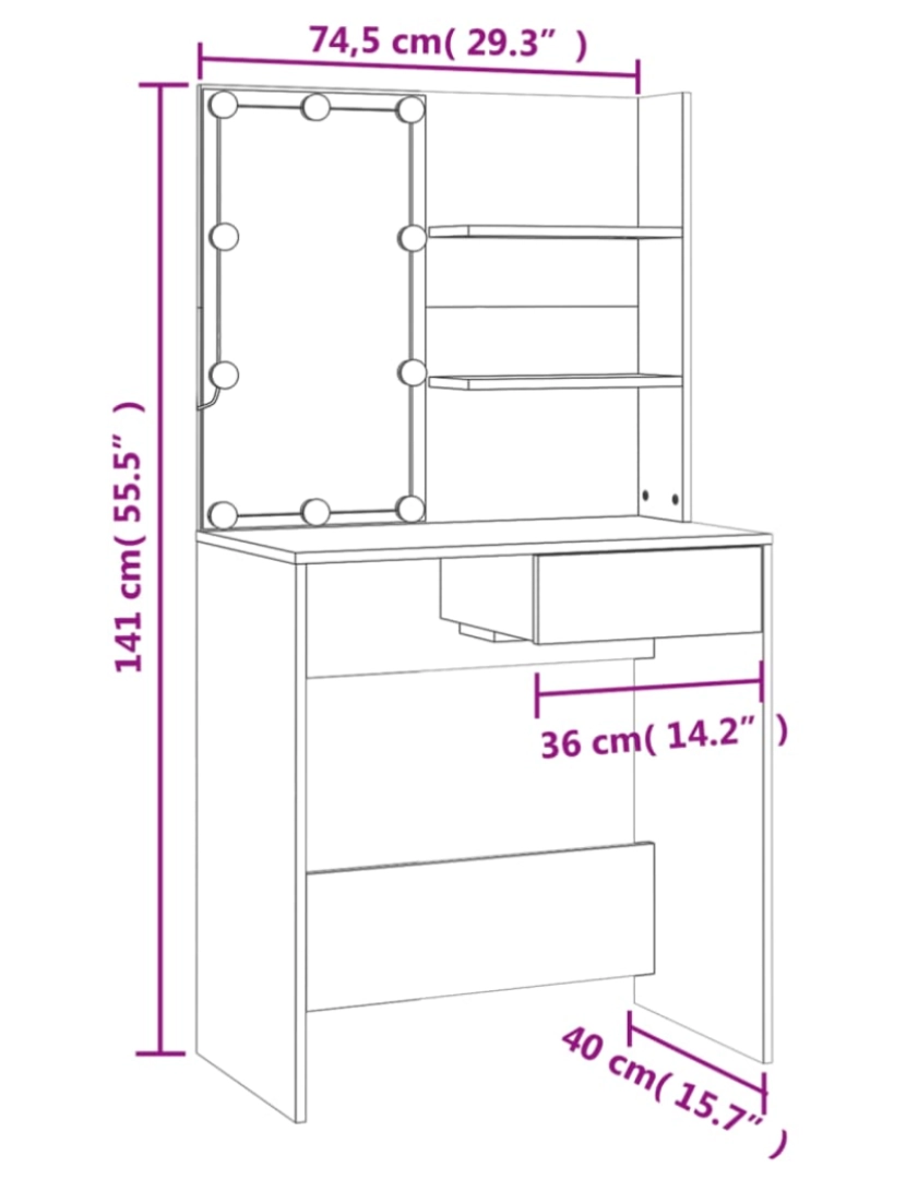 imagem de vidaXL Conjunto toucador c/ LEDs madeira processada sonoma cinza11