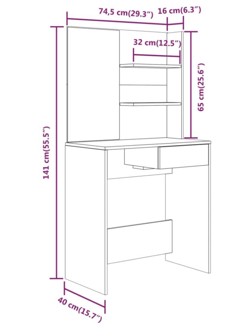 imagem de vidaXL Conjunto toucador 74,5x40x141 cm branco brilhante10