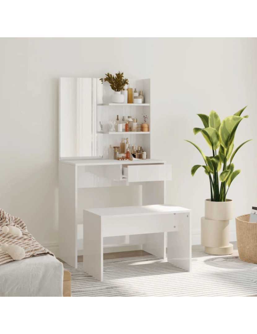 imagem de vidaXL Conjunto toucador 74,5x40x141 cm branco brilhante2