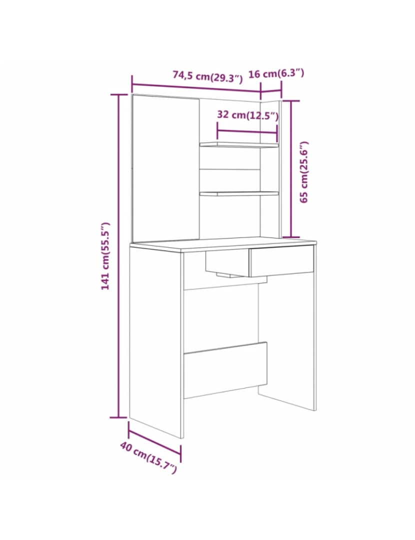 imagem de vidaXL Toucador com espelho 74,5x40x141 cm branco brilhante10