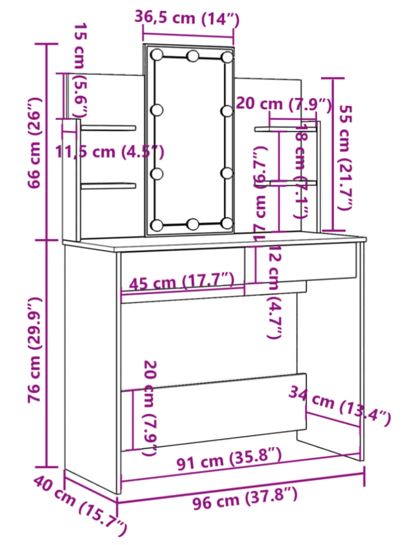 imagem de vidaXL Toucador com luzes LED 96x40x142 cm carvalho fumado11