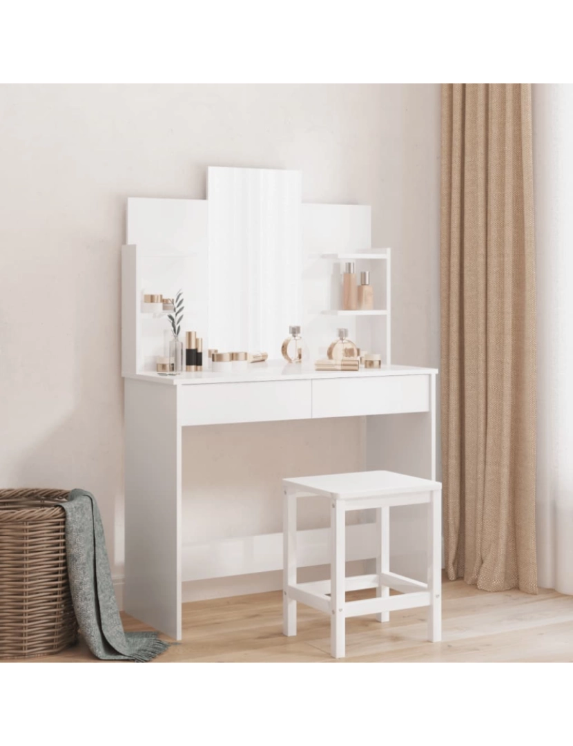 imagem de vidaXL Toucador com espelho 96x39x142 cm branco brilhante2