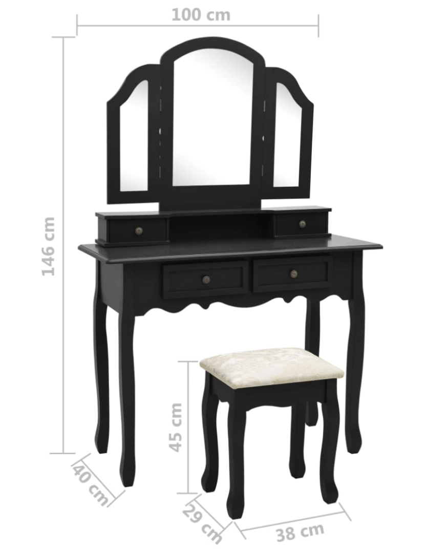 imagem de vidaXL Conjunto toucador c/ banco 100x40x146cm madeira paulownia preto11