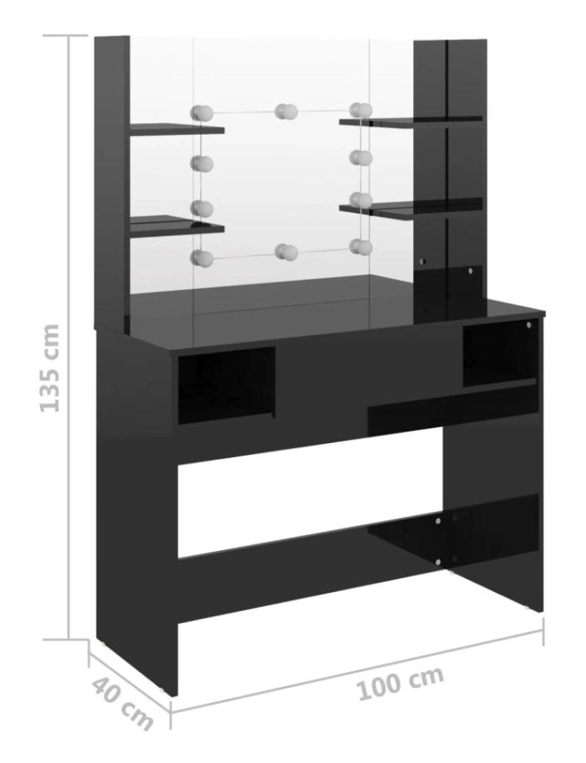 imagem de vidaXL Mesa de maquilhagem c/ LEDs 100x40x135 cm MDF preto brilhante7