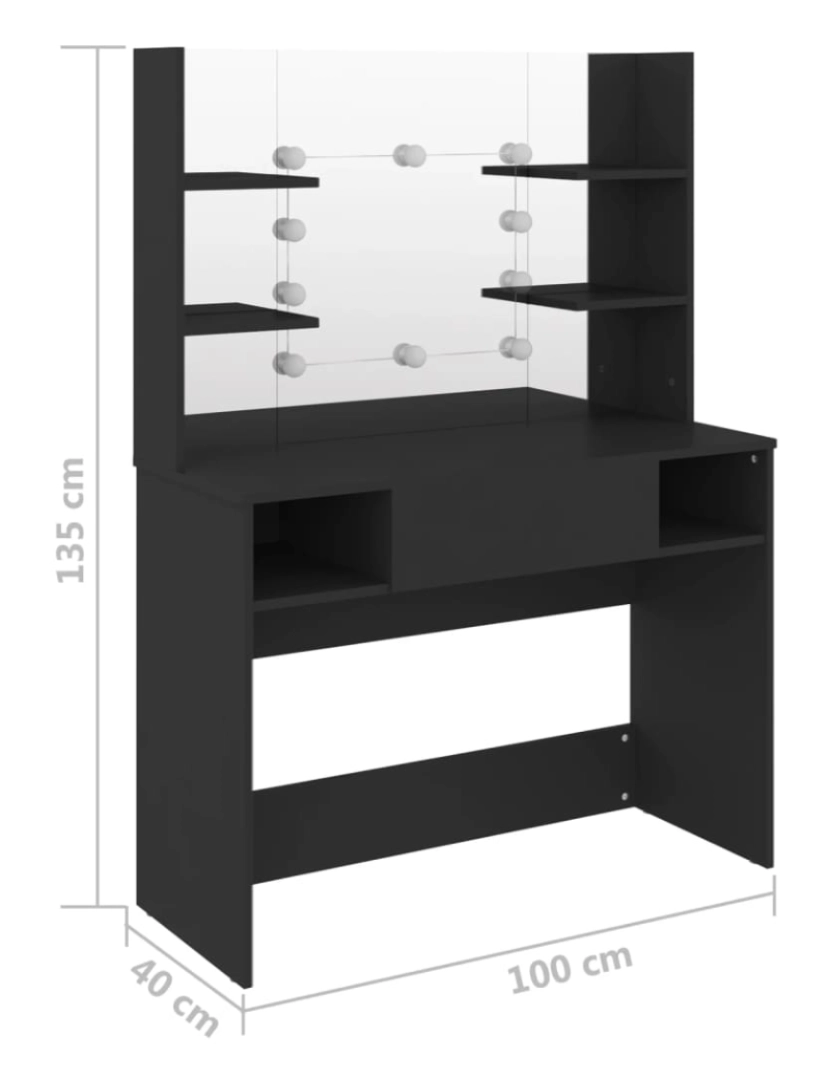 imagem de vidaXL Mesa de maquilhagem c/ luzes LED 100x40x135 cm MDF preto7