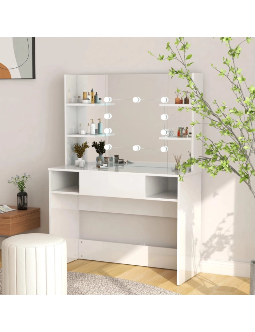 imagem de vidaXL Mesa de maquilhagem c/ LEDs 100x40x135 cm MDF branco brilhante2