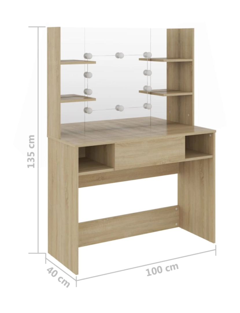 imagem de vidaXL Mesa de maquilhagem c/ luzes LED 100x40x135 cm MDF cor carvalho7