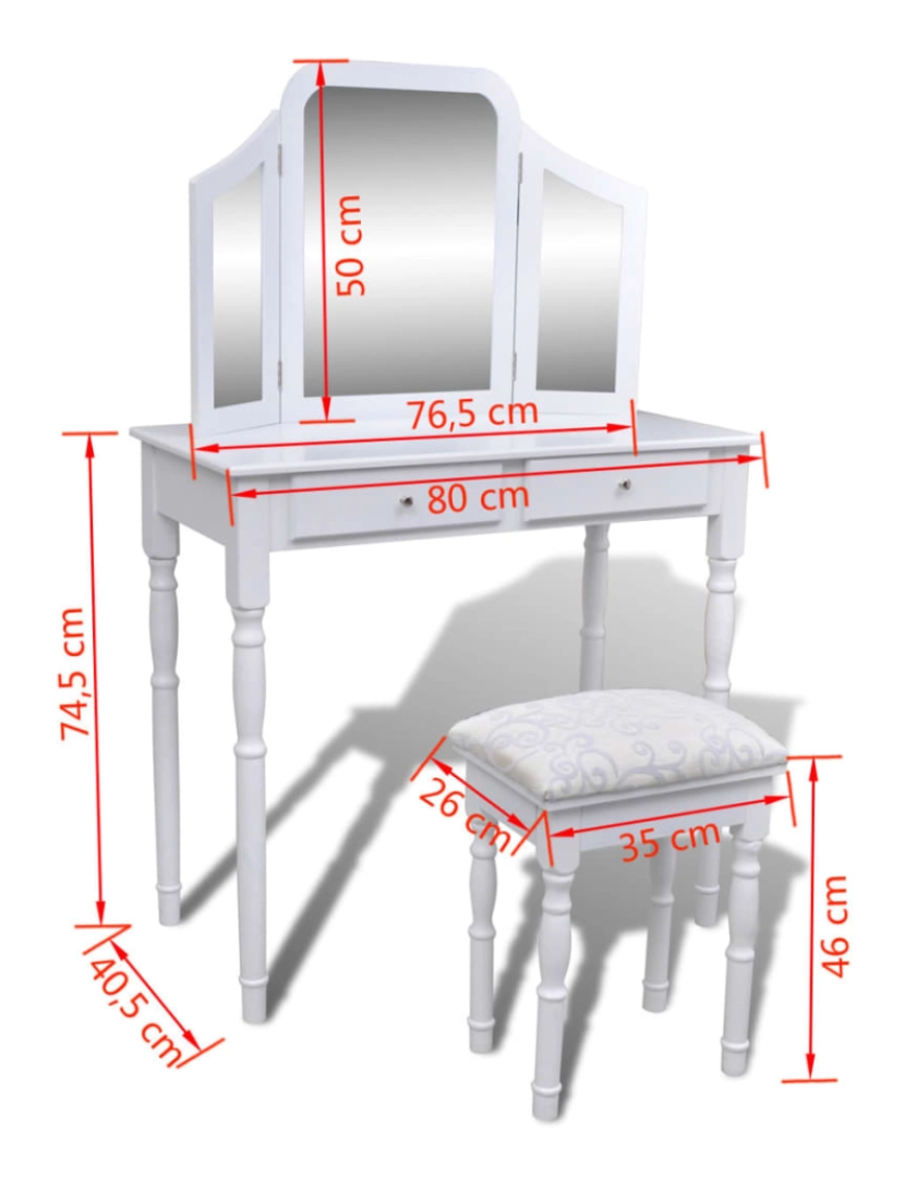 imagem de vidaXL Toucador com espelho 3-em-1 e banco 2 gavetas branco10