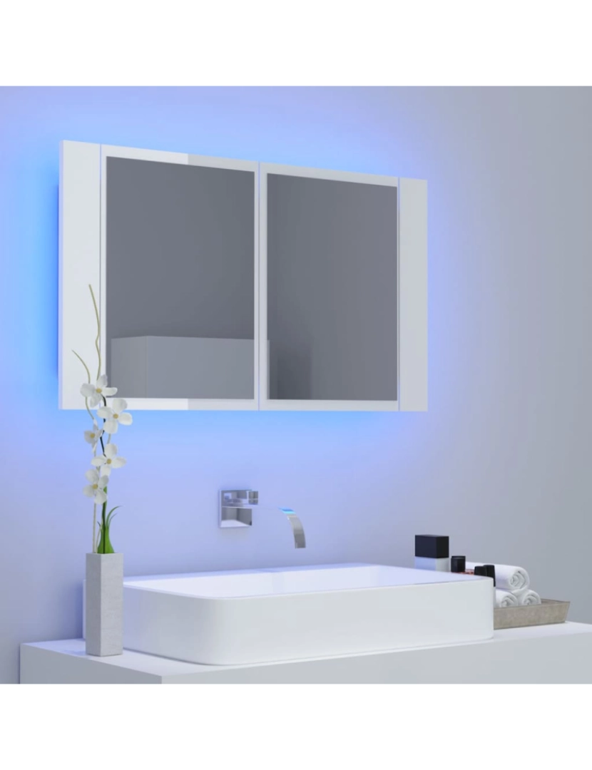 imagem de vidaXL Armário espelhado casa de banho LED acrílico branco brilhante4