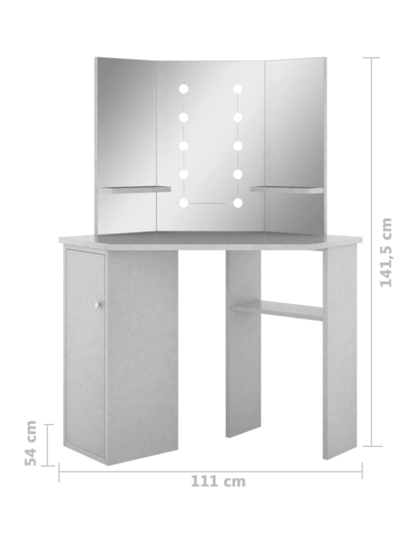 imagem de vidaXL Toucador de canto com LED 111x54x141,5 cm cinzento cimento11