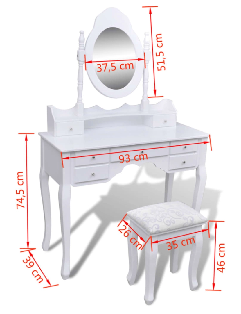 imagem de vidaXL Toucador com espelho e banco 7 gavetas branco11