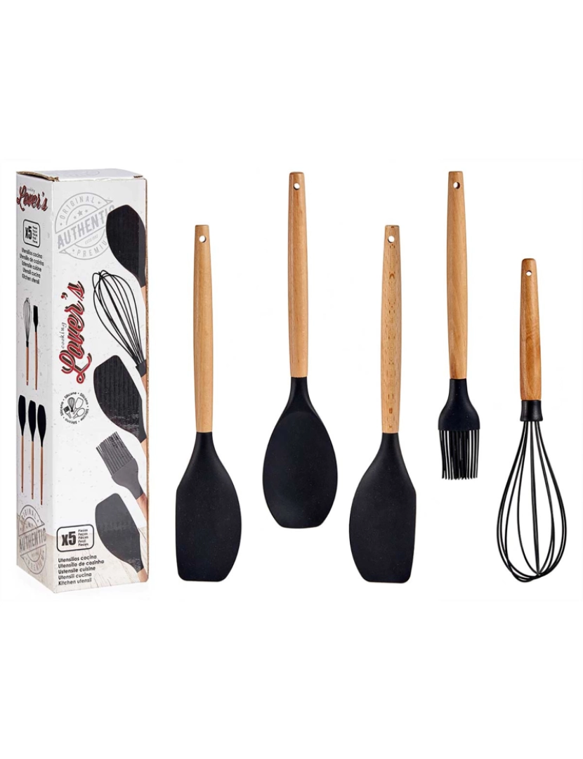 DAM - DAM  CONJUNTO 5 UTENSILIOS DE COZINHA SILICONE CABO MADEIRA DE FAIA 7,5x8,5x33 Cm. Cor madeira