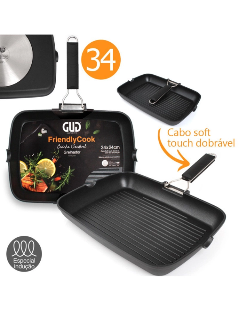 GUD - GRELHADOR FRIENDLY COOK 34X24CM ANTIADERENTE FULL INDUÇÃOC/OFERTA DESCASDOR ALHOS SILICONE