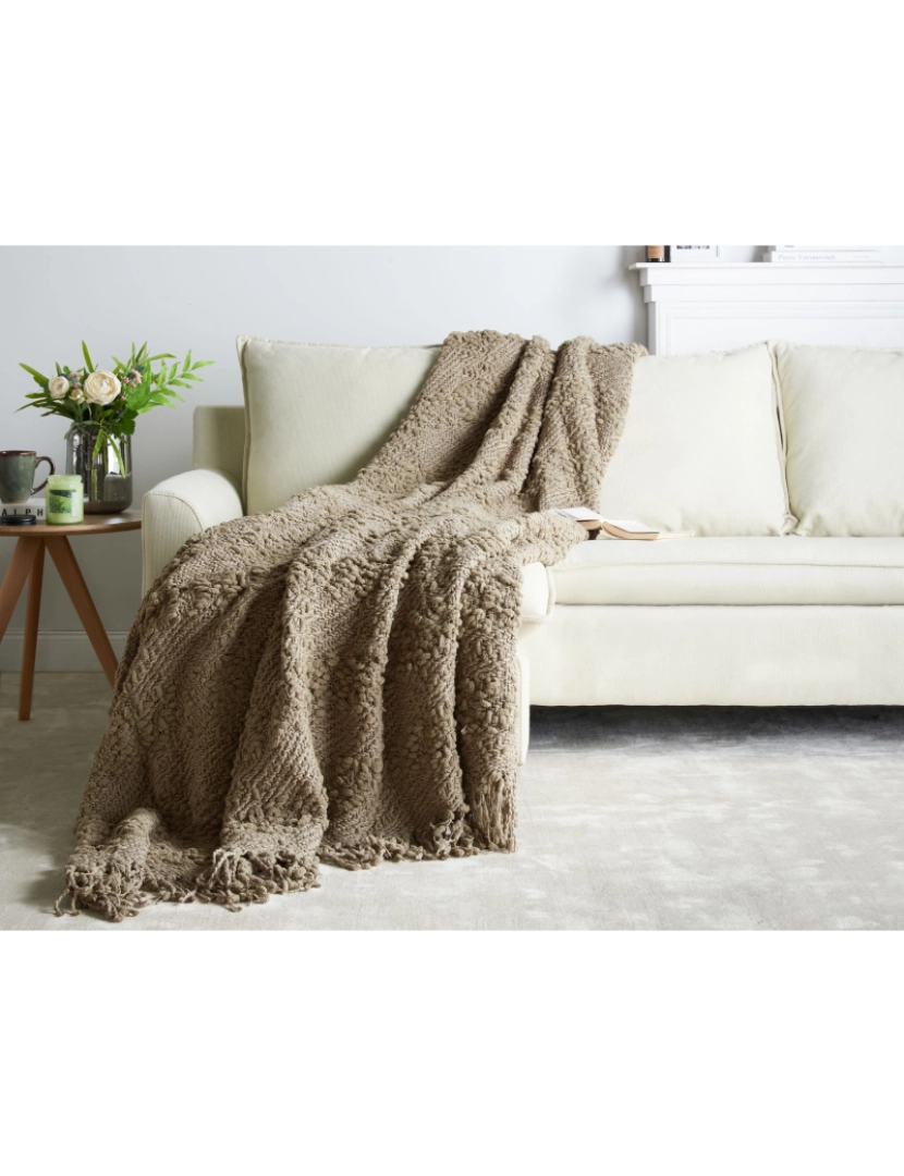 imagem de Cobertor em algodão e acrílico taupe 200 x 220 cm com franjas para cama ou sofá3