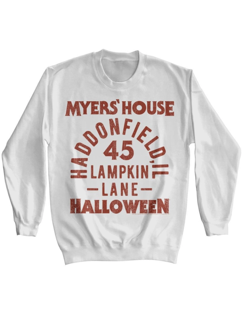 imagem de moletom Moletom branco com texto da casa de Halloween Myers CrewneckHoodie moletom-S1