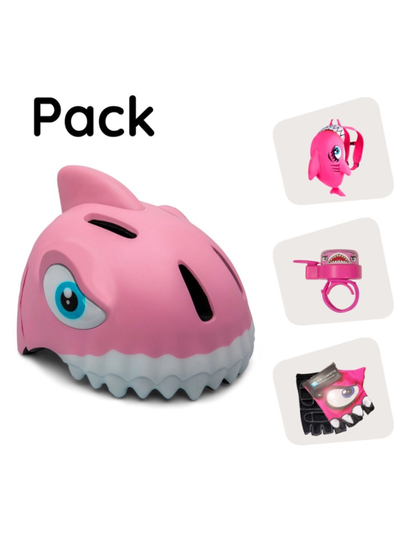 Crazy Safety - Crazy Safety kit - Capacete Tubarão Rosa infantil, mochila, campainha, luvas