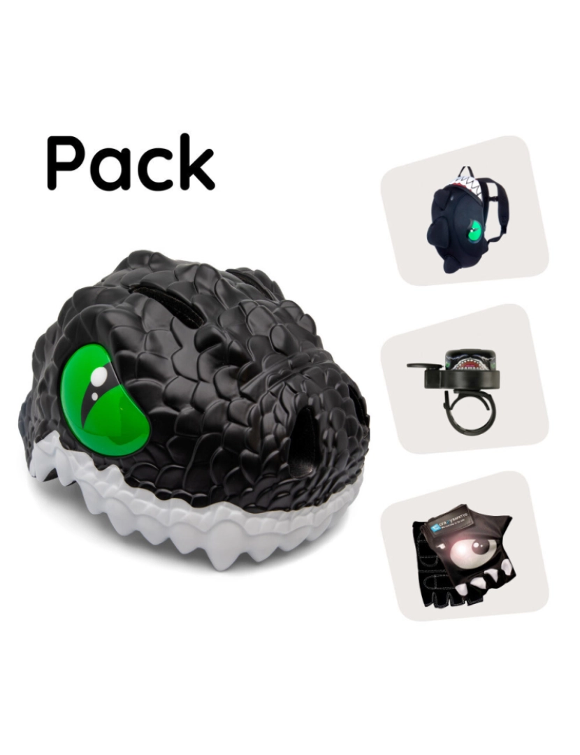 Crazy Safety - Crazy Safety kit - Capacete Dragão Preto infantil, mochila, campainha, luvas