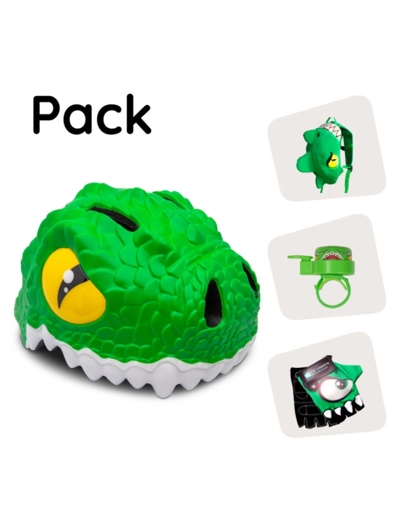 Crazy Safety - Crazy Safety kit - Capacete Crocodilo Verde infantil, mochila, campainha, luvas