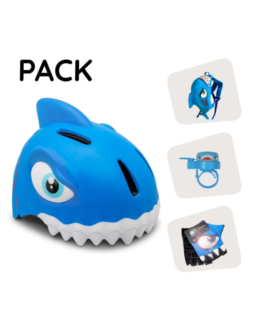 Crazy Safety - Crazy Safety kit - Capacete Tubarão Azul infantil, mochila, campainha, luvas