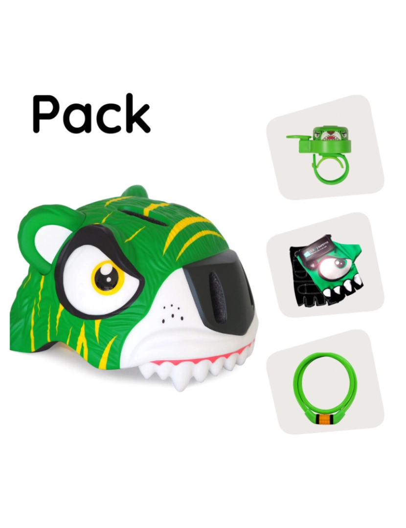 Crazy Safety - Crazy Safety Pack Capacete | Tigre Verde - Capacete, Cadeado, Campainha & Luvas